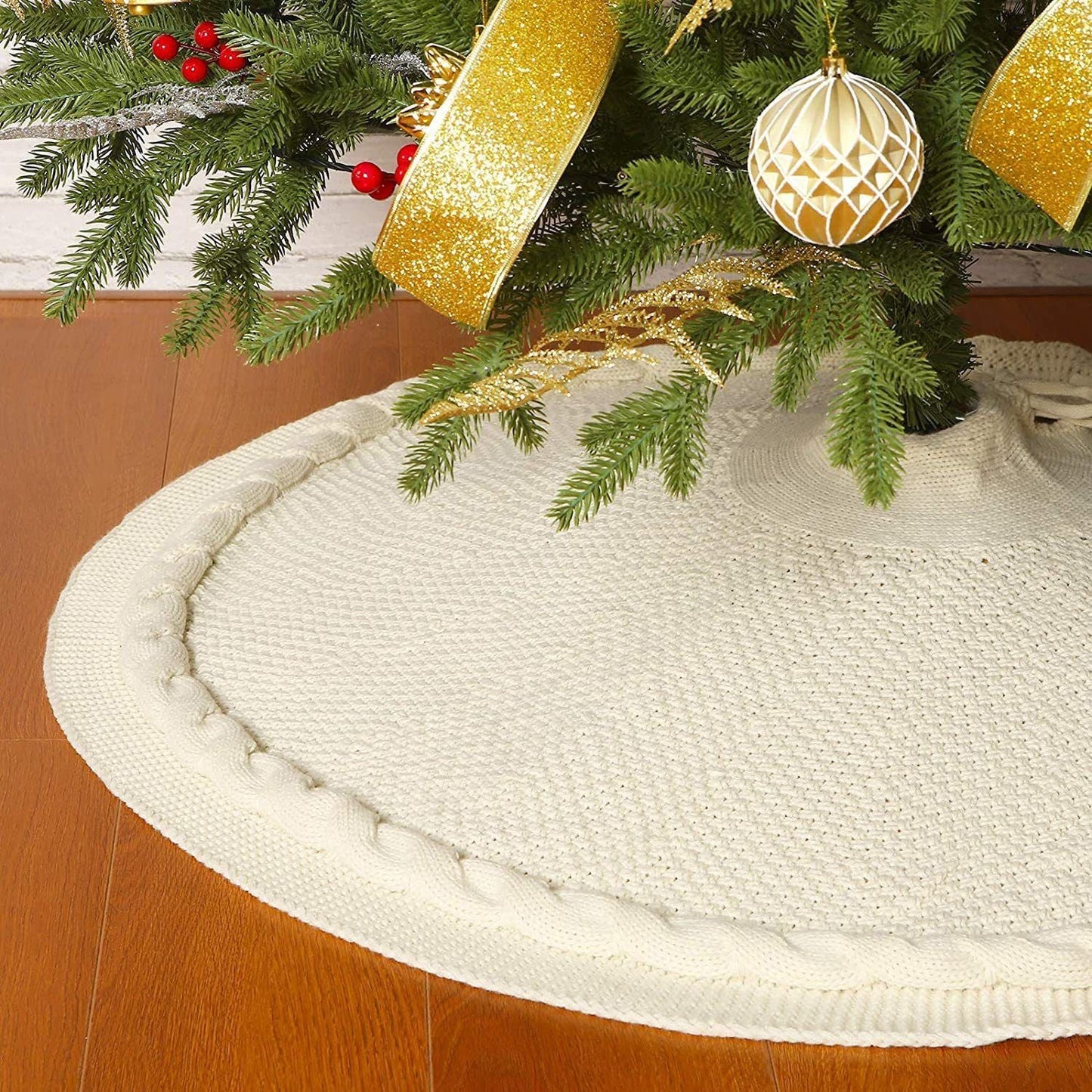 Knitted Christmas Tree Skirt 24 Inch White Round Tree Base Cover with Cable Knit Border Soft Holiday Tree Skirt Rustic Christmas Decor for Home Fireplace Party Festive Gift Display Kemu |Fashion Home Kitchen Beauty