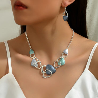 Blue Elegant Oil Drip Necklace and Earrings Set for Women, Irregular Design Alloy Jewelry Set, Fashion Statement Pendant Necklace with Drop Earrings, Blue Green Enamel Jewelry Gift Set with Jewelry Box Included Kemu |Fashion Home Kitchen Beauty