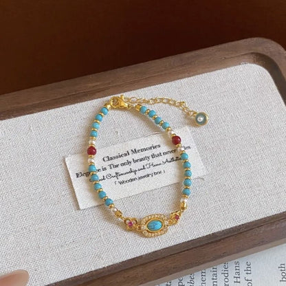 Turquoise Beaded Bracelet for Women – Adjustable Vintage Boho Bracelet with Gold-Tone Oval Charm, Turquoise & Pearl Beads, Lightweight Bohemian Wrist Jewellery