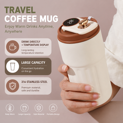 Smart Coffee Tumbler(Black lid) 450ml Vacuum Insulated Travel Mugwith Temperature Display Leakproof Coffee Cup Portable Thermal Water Bottle for Office School Car Travel Home Kemu |Fashion Home Kitchen Beauty