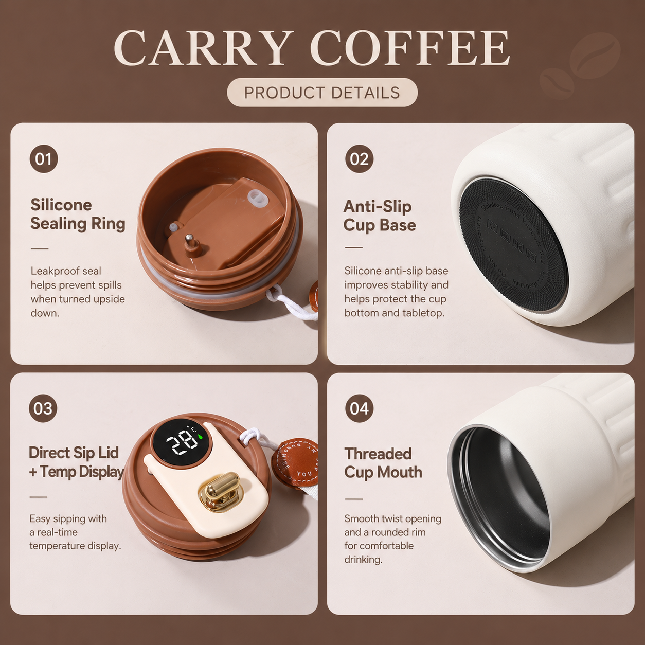 Smart Coffee Tumbler(Black lid) 450ml Vacuum Insulated Travel Mugwith Temperature Display Leakproof Coffee Cup Portable Thermal Water Bottle for Office School Car Travel Home Kemu |Fashion Home Kitchen Beauty