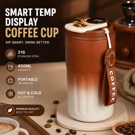 Smart Coffee Tumbler(Gradient brown) 450ml Vacuum Insulated Travel Mugwith Temperature Display Leakproof Coffee Cup Portable Thermal Water Bottle for Office School Car Travel Home Kemu |Fashion Home Kitchen Beauty
