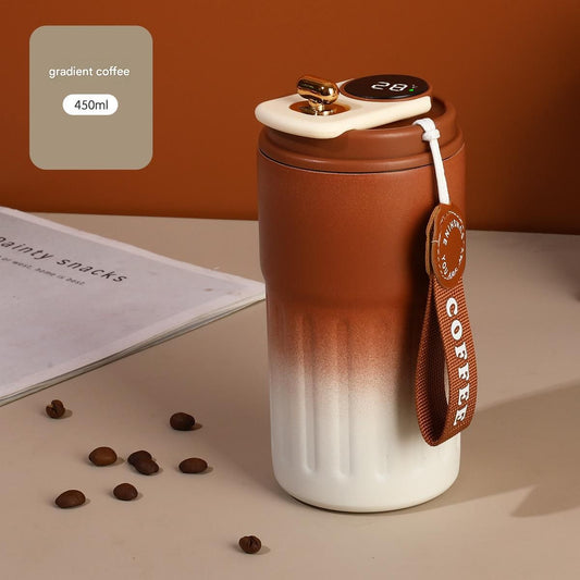 Smart Coffee Tumbler(Gradient brown) 450ml Vacuum Insulated Travel Mugwith Temperature Display Leakproof Coffee Cup Portable Thermal Water Bottle for Office School Car Travel Home Kemu |Fashion Home Kitchen Beauty