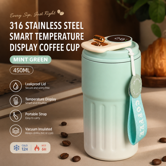 Smart Coffee Tumbler(Gradient Green) 450ml Vacuum Insulated Travel Mugwith Temperature Display Leakproof Coffee Cup Portable Thermal Water Bottle for Office School Car Travel Home Kemu |Fashion Home Kitchen Beauty