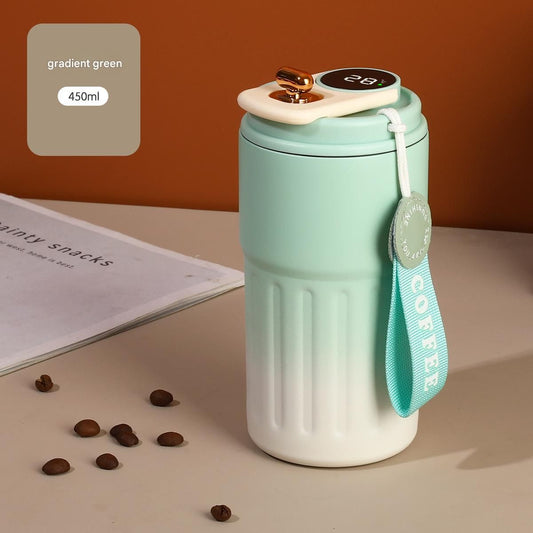 Smart Coffee Tumbler(Gradient Green) 450ml Vacuum Insulated Travel Mugwith Temperature Display Leakproof Coffee Cup Portable Thermal Water Bottle for Office School Car Travel Home Kemu |Fashion Home Kitchen Beauty