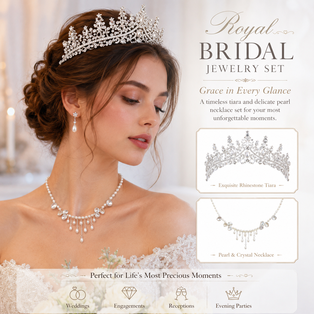Pearl Tassel Necklace & Rhinestone Tiara Set Bridal Crown Jewelry Accessories for Wedding Bride Prom Party Evening Events Kemu |Fashion Home Kitchen Beauty