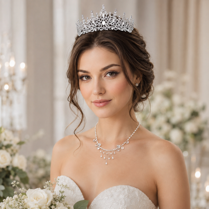 Pearl Tassel Necklace & Rhinestone Tiara Set Bridal Crown Jewelry Accessories for Wedding Bride Prom Party Evening Events Kemu |Fashion Home Kitchen Beauty