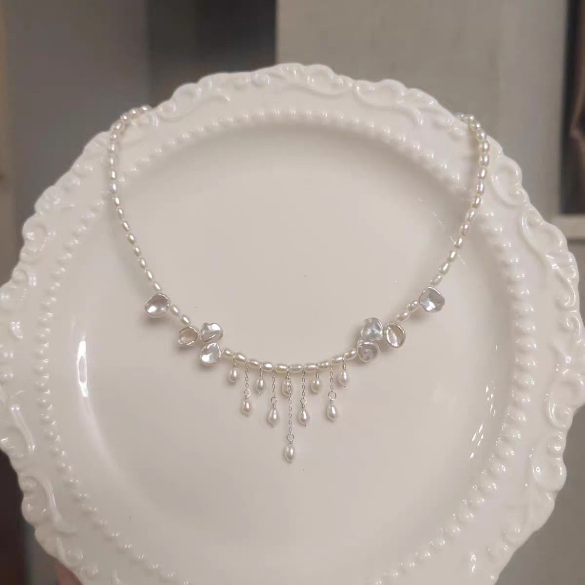 Pearl Tassel Necklace & Rhinestone Tiara Set Bridal Crown Jewelry Accessories for Wedding Bride Prom Party Evening Events Kemu |Fashion Home Kitchen Beauty
