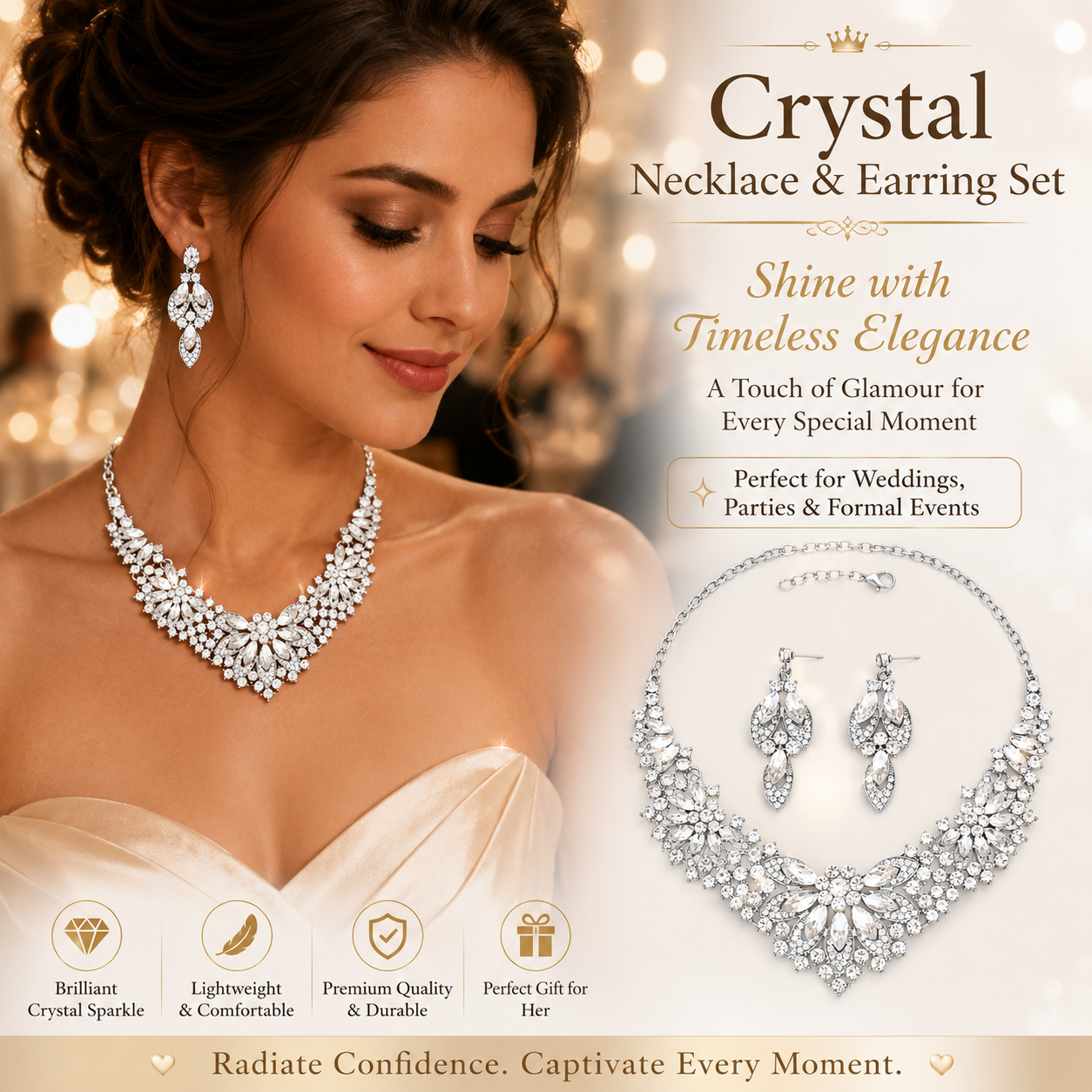 Crystal Necklace Earrings Set for Women Luxury Rhinestone Bridal Jewelry Statement Choker Necklace Wedding Bride Prom Party Accessories Kemu |Fashion Home Kitchen Beauty