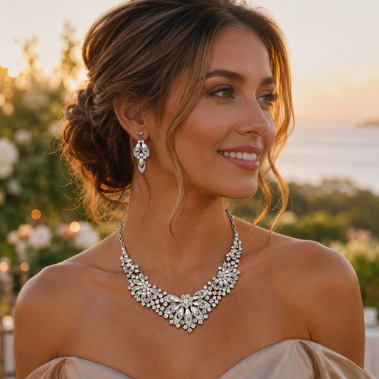 Crystal Necklace Earrings Set for Women Luxury Rhinestone Bridal Jewelry Statement Choker Necklace Wedding Bride Prom Party Accessories Kemu |Fashion Home Kitchen Beauty