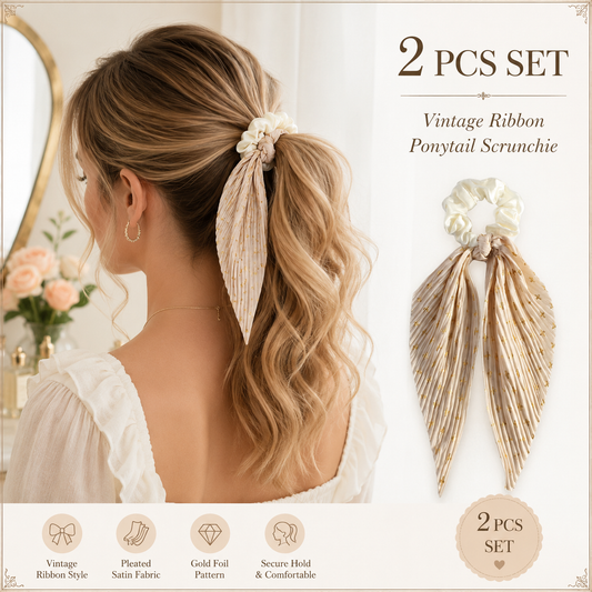 Beige Vintage Ribbon Ponytail Scrunchie 2 Pack for Women Pleated Satin Hair Tie with Long Ribbon Tails Elegant Retro Hair Accessory for Ponytail Styling Daily Wear Party Travel Gift Kemu |Fashion Home Kitchen Beauty