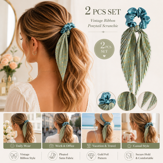 Light Green Vintage Ribbon Ponytail Scrunchie 2 Pack for Women Pleated Satin Hair Tie with Long Ribbon Tails Elegant Retro Hair Accessory for Ponytail Styling Daily Wear Party Travel Gift Kemu |Fashion Home Kitchen Beauty