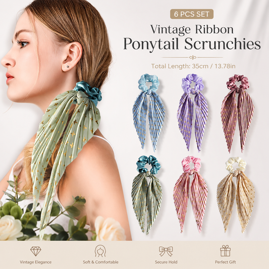 6 Pack Vintage Ribbon Ponytail Scrunchies for Women Pleated Satin Hair Ties with Long Ribbon Tails Elegant Retro Hair Accessories Set for Ponytail Styling Daily Wear Party Travel Gift Kemu |Fashion Home Kitchen Beauty