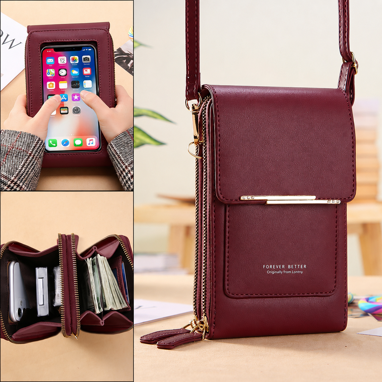Red Touch Screen Phone Wallet Crossbody Bag for Women Vertical PU Leather Purse with Card Holder Zipper Pocket Adjustable Strap for Travel Shopping Everyday Use Kemu |Fashion Home Kitchen Beauty