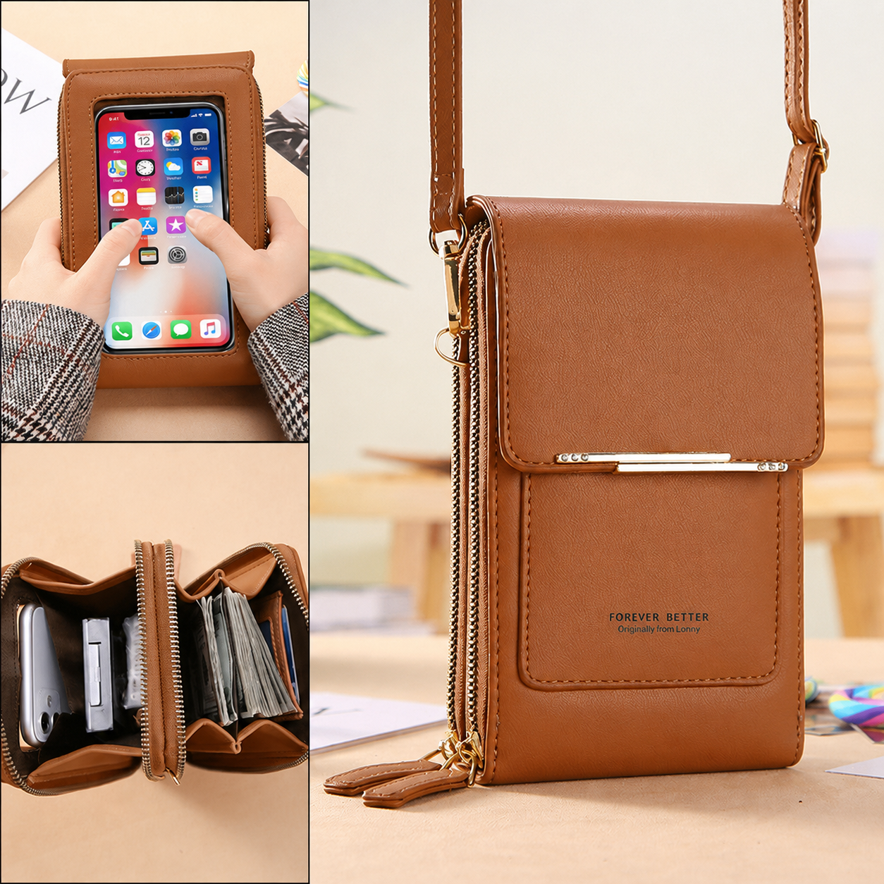 Brown Touch Screen Phone Wallet Crossbody Bag for Women Vertical PU Leather Purse with Card Holder Zipper Pocket Adjustable Strap for Travel Shopping Everyday Use Kemu |Fashion Home Kitchen Beauty