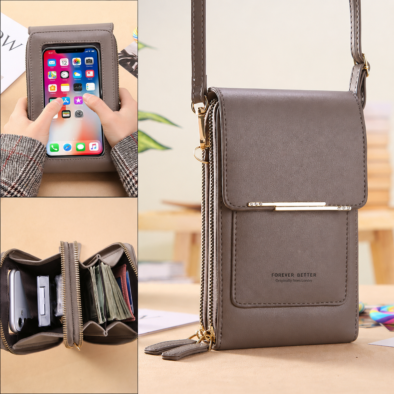 Gray Touch Screen Phone Wallet Crossbody Bag for Women Vertical PU Leather Purse with Card Holder Zipper Pocket Adjustable Strap for Travel Shopping Everyday Use Kemu |Fashion Home Kitchen Beauty
