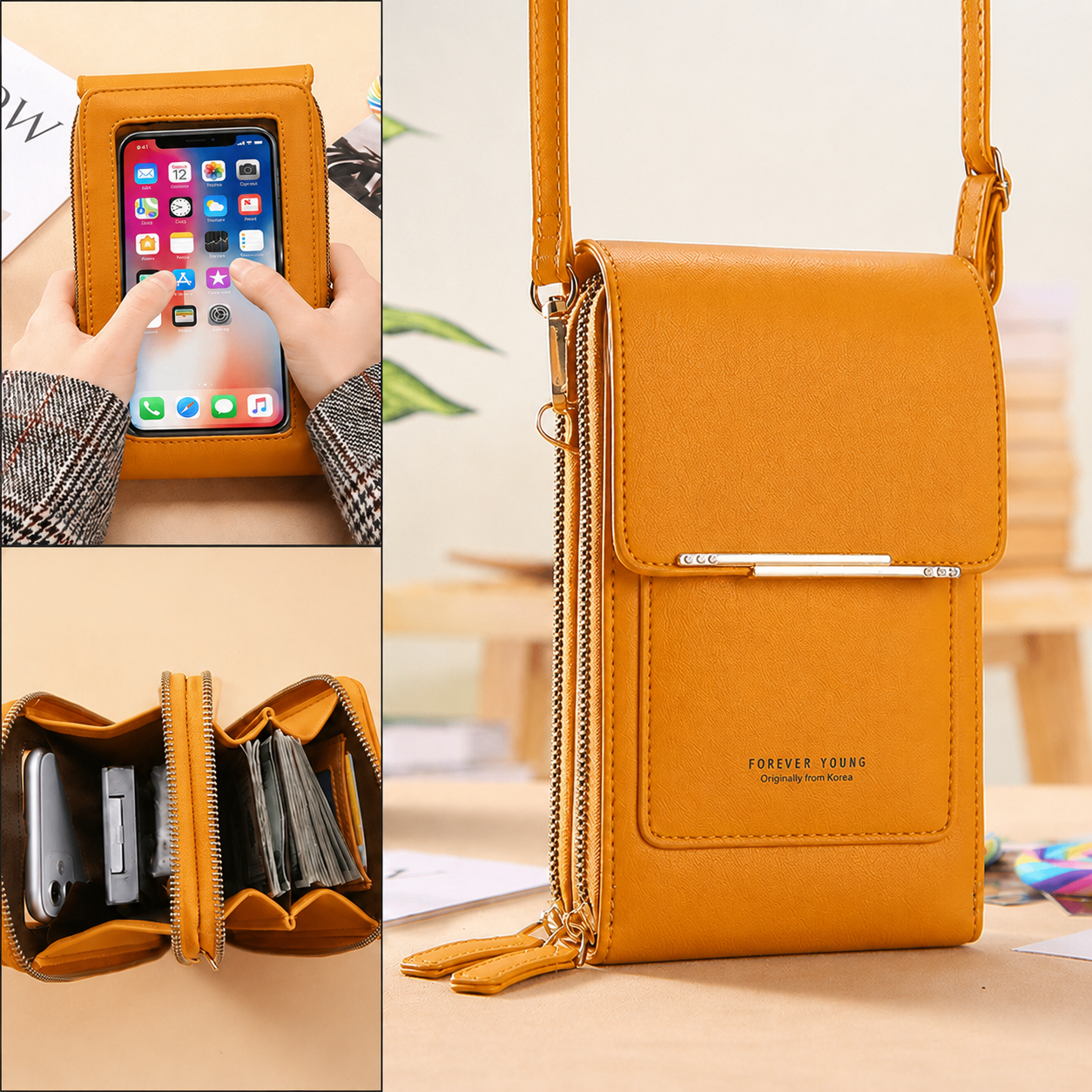 Yellow Touch Screen Phone Wallet Crossbody Bag for Women Vertical PU Leather Purse with Card Holder Zipper Pocket Adjustable Strap for Travel Shopping Everyday Use Kemu |Fashion Home Kitchen Beauty