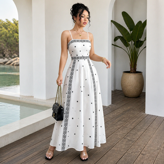 Women's White Boho Print Maxi Dress 2XL Size - Stretch Polyester Fabric, Spaghetti Straps, Fitted Waist and A-Line Silhouette for Spring Summer Beach Vacations, Travel, Parties and Events Kemu |Fashion Home Kitchen Beauty