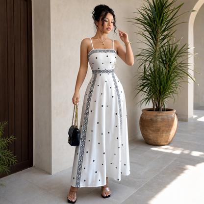 Women's White Boho Print Maxi Dress 2XL Size - Stretch Polyester Fabric, Spaghetti Straps, Fitted Waist and A-Line Silhouette for Spring Summer Beach Vacations, Travel, Parties and Events Kemu |Fashion Home Kitchen Beauty