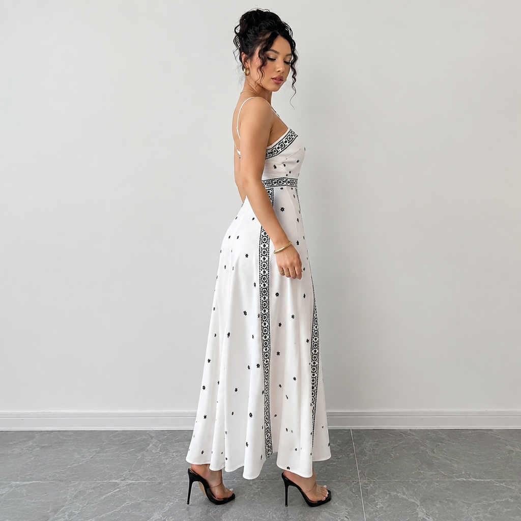Women's White Boho Print Maxi Dress 2XL Size - Stretch Polyester Fabric, Spaghetti Straps, Fitted Waist and A-Line Silhouette for Spring Summer Beach Vacations, Travel, Parties and Events Kemu |Fashion Home Kitchen Beauty