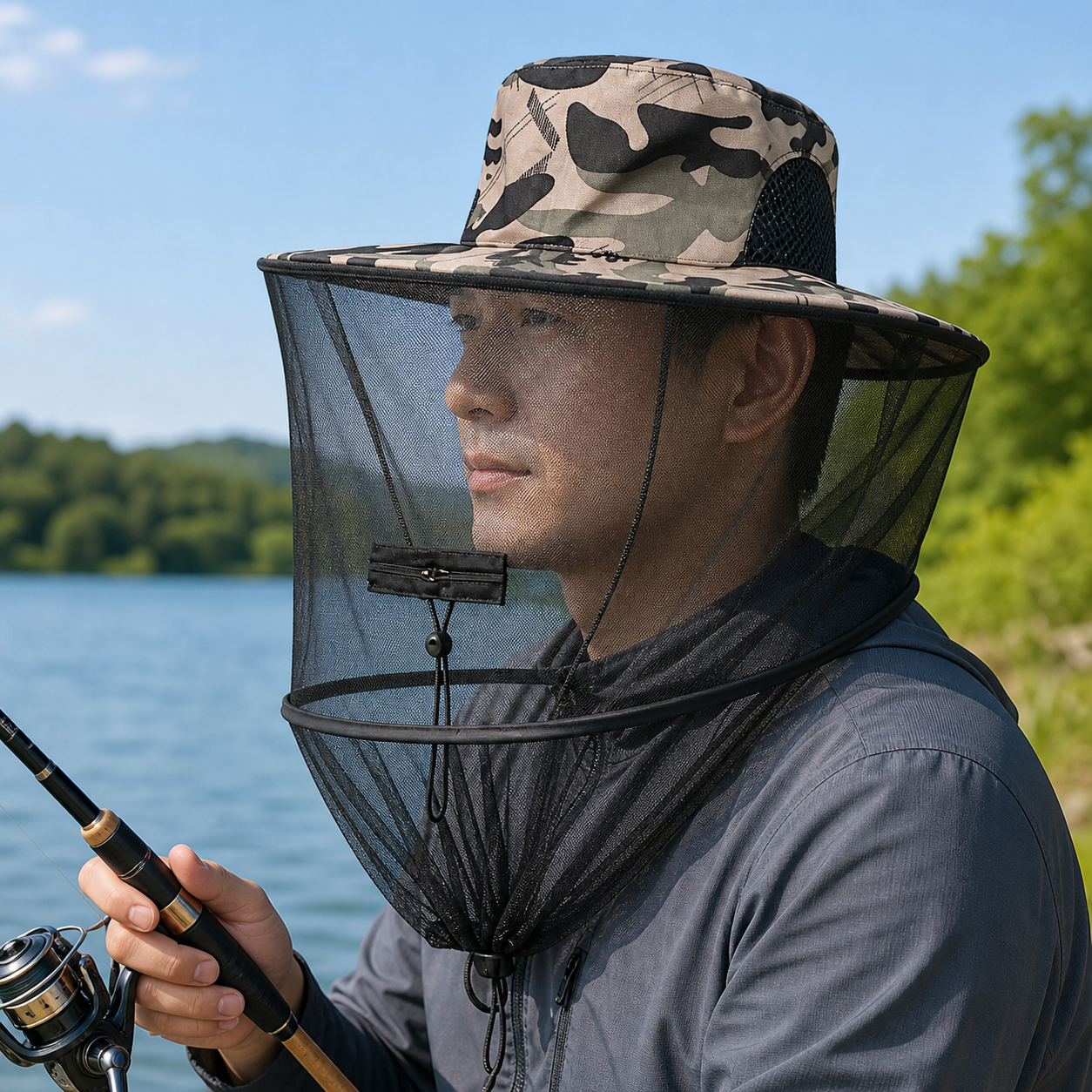 Camouflage-1 Foldable Mosquito Net Fishing Hat with Storage Bag - Wide Brim Sun Shade and Adjustable Dense Mesh Face Veil, Outdoor Headwear for Angling & Leisure Kemu |Fashion Home Kitchen Beauty