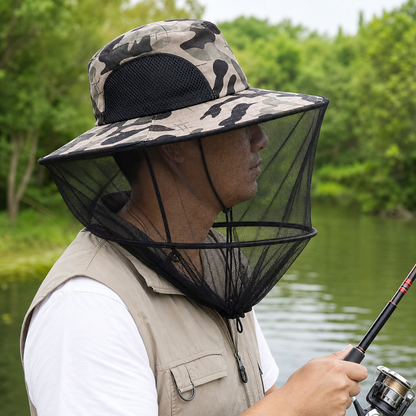 Camouflage-2 Foldable Mosquito Net Fishing Hat with Storage Bag - Wide Brim Sun Shade and Adjustable Dense Mesh Face Veil, Outdoor Headwear for Angling & Leisure Kemu |Fashion Home Kitchen Beauty