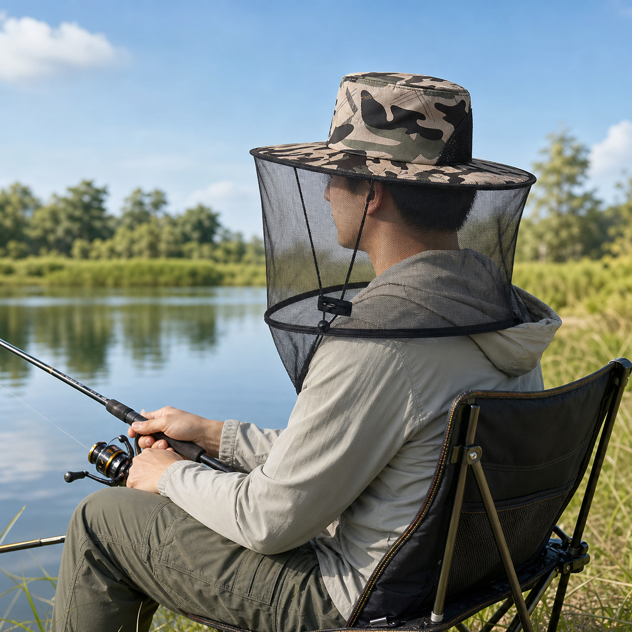 Camouflage-4 Foldable Mosquito Net Fishing Hat with Storage Bag - Wide Brim Sun Shade and Adjustable Dense Mesh Face Veil, Outdoor Headwear for Angling & Leisure Kemu |Fashion Home Kitchen Beauty