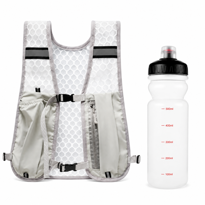 Grey Lightweight Running Hydration Vest Backpack + 500ML Water Bottle - Breathable Mesh Reflective Sports Pack with 4 Straps, Cup / Phone Holder and Back Zipper Pocket for Marathon Hiking Cycling Trail Running Kemu |Fashion Home Kitchen Beauty