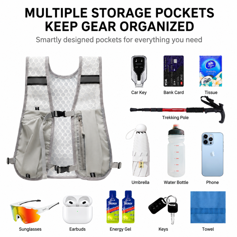 Grey Lightweight Running Hydration Vest Backpack + 500ML Water Bottle - Breathable Mesh Reflective Sports Pack with 4 Straps, Cup / Phone Holder and Back Zipper Pocket for Marathon Hiking Cycling Trail Running Kemu |Fashion Home Kitchen Beauty