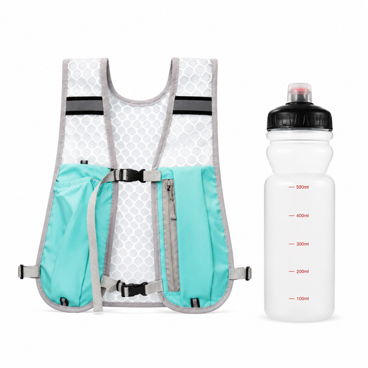 Cyan Lightweight Running Hydration Vest Backpack + 500ML Water Bottle - Breathable Mesh Reflective Sports Pack with 4 Straps, Cup / Phone Holder and Back Zipper Pocket for Marathon Hiking Cycling Trail Running Kemu |Fashion Home Kitchen Beauty