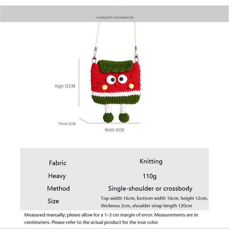 Watermelon Knitted Crossbody Bag - Handmade Crochet Mini Purse with Adjustable Strap, Cute Cartoon Fruit Design, Lightweight 110g, Phone and Essentials Organizer for Women and Girls Kemu |Fashion Home Kitchen Beauty
