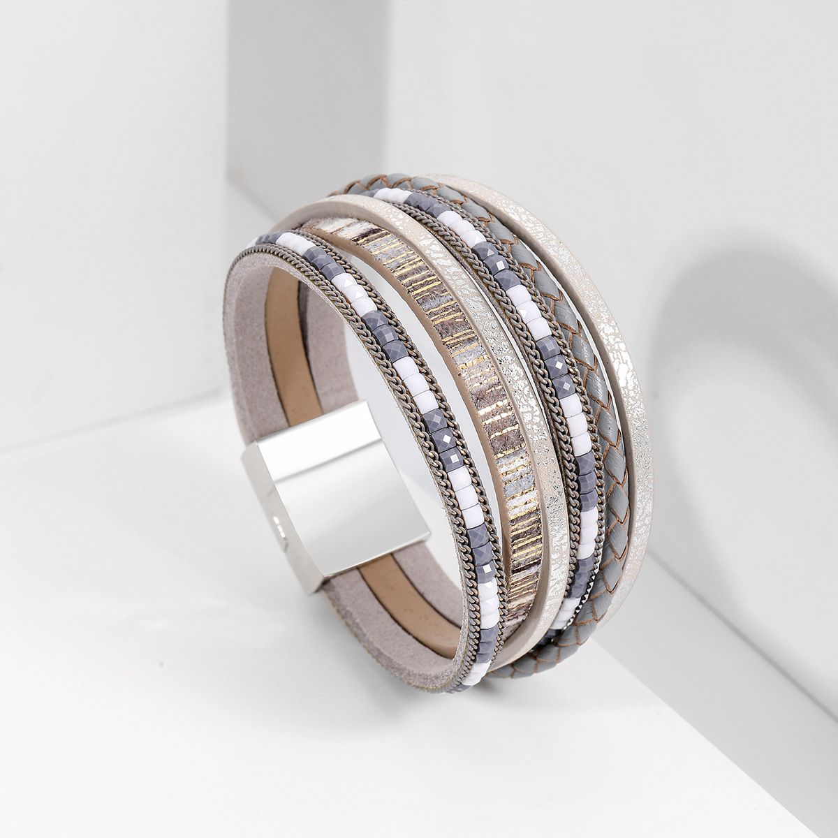 Grey Bohemian Multi-Layer Leather Bracelet for Women - PU Faux Leather with Alloy Magnetic Clasp - Handwoven Cuff Bangle, Lightweight Fashion Jewelry Accessory Kemu |Fashion Home Kitchen Beauty