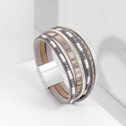 Grey Bohemian Multi-Layer Leather Bracelet for Women - PU Faux Leather with Alloy Magnetic Clasp - Handwoven Cuff Bangle, Lightweight Fashion Jewelry Accessory Kemu |Fashion Home Kitchen Beauty
