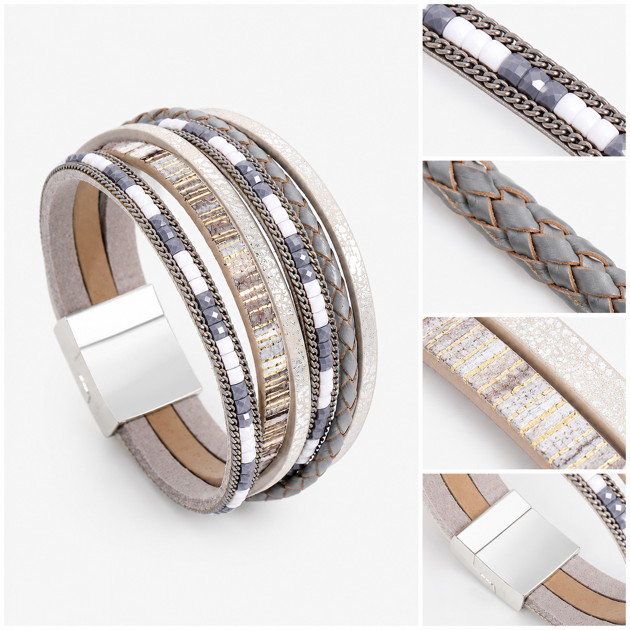 Grey Bohemian Multi-Layer Leather Bracelet for Women - PU Faux Leather with Alloy Magnetic Clasp - Handwoven Cuff Bangle, Lightweight Fashion Jewelry Accessory Kemu |Fashion Home Kitchen Beauty