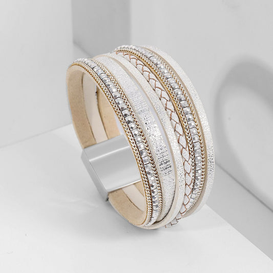 White Bohemian Multi-Layer Leather Bracelet for Women - PU Faux Leather with Alloy Magnetic Clasp - Handwoven Cuff Bangle, Lightweight Fashion Jewelry Accessory Kemu |Fashion Home Kitchen Beauty