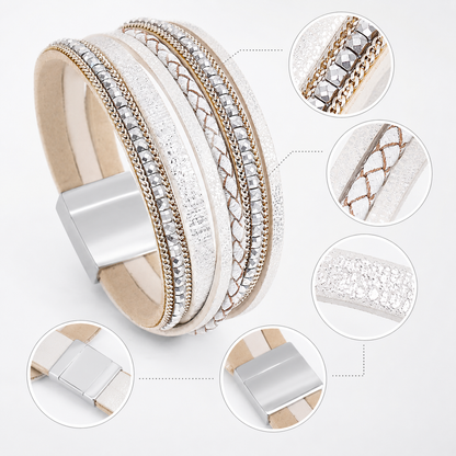 White Bohemian Multi-Layer Leather Bracelet for Women - PU Faux Leather with Alloy Magnetic Clasp - Handwoven Cuff Bangle, Lightweight Fashion Jewelry Accessory Kemu |Fashion Home Kitchen Beauty