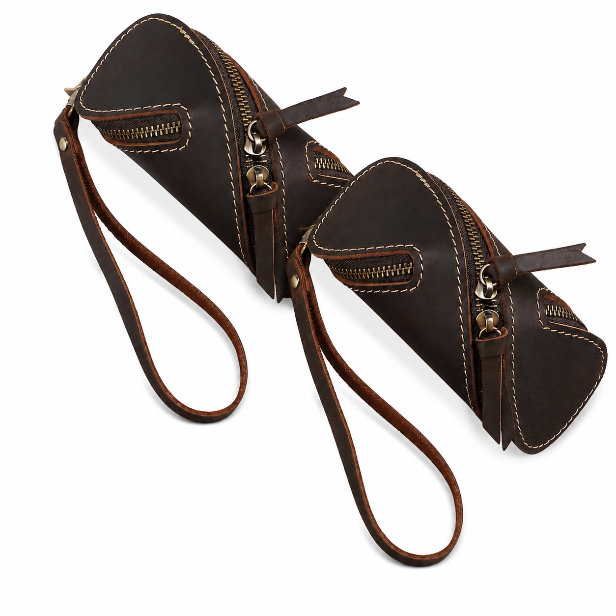 2pcs Retro Genuine Leather Key Pouch（Coffee-colored） -  12.5cm x 5cm - Dual Zipper, Wrist Strap, Belt Loop, Car and Home Key Organizer Kemu |Fashion Home Kitchen Beauty