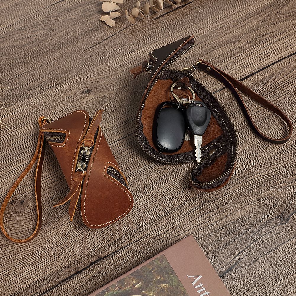 2pcs Retro Genuine Leather Key Pouch（Coffee-colored） -  12.5cm x 5cm - Dual Zipper, Wrist Strap, Belt Loop, Car and Home Key Organizer Kemu |Fashion Home Kitchen Beauty