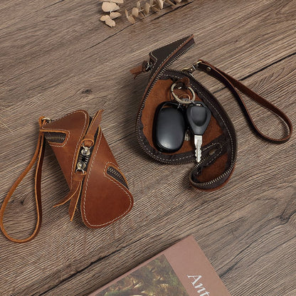 2pcs Retro Genuine Leather Key Pouch（Coffee-colored） -  12.5cm x 5cm - Dual Zipper, Wrist Strap, Belt Loop, Car and Home Key Organizer Kemu |Fashion Home Kitchen Beauty