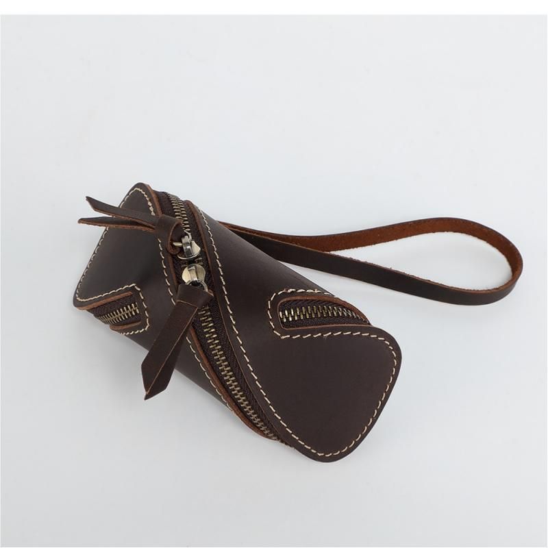 2pcs Retro Genuine Leather Key Pouch（Coffee-colored） -  12.5cm x 5cm - Dual Zipper, Wrist Strap, Belt Loop, Car and Home Key Organizer Kemu |Fashion Home Kitchen Beauty