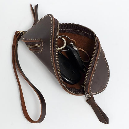 2pcs Retro Genuine Leather Key Pouch（Coffee-colored） -  12.5cm x 5cm - Dual Zipper, Wrist Strap, Belt Loop, Car and Home Key Organizer Kemu |Fashion Home Kitchen Beauty