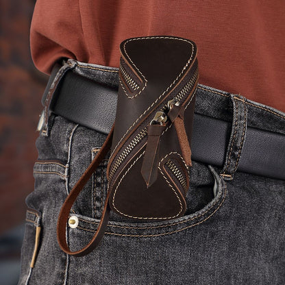 2pcs Retro Genuine Leather Key Pouch（Coffee-colored） -  12.5cm x 5cm - Dual Zipper, Wrist Strap, Belt Loop, Car and Home Key Organizer Kemu |Fashion Home Kitchen Beauty