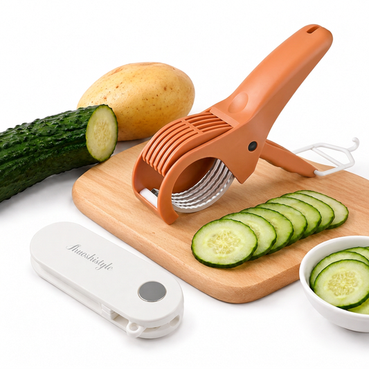 Home Fruit & Vegetable Peeling and Slicing Prep Set-White Folding Peeler and Red Fruit Slicer - Portable Stainless Steel Kitchen Tools for Camping, Home Use, and Travel Kemu |Fashion Home Kitchen Beauty