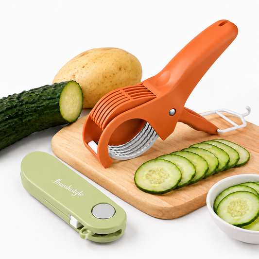 Home Fruit & Vegetable Peeling and Slicing Prep Set-Green Folding Peeler and Red Fruit Slicer - Portable Stainless Steel Kitchen Tools for Camping, Home Use, and Travel Kemu |Fashion Home Kitchen Beauty