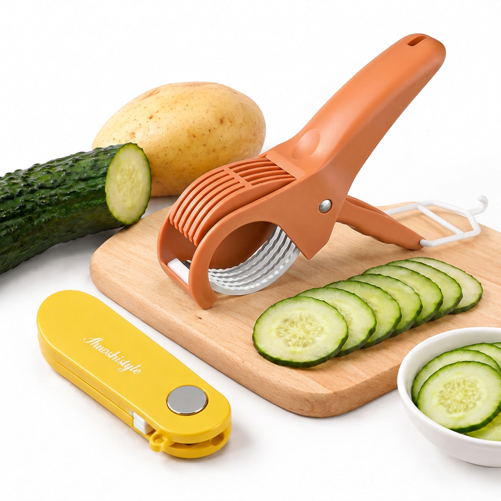 Home Fruit & Vegetable Peeling and Slicing Prep Set-Yellow Folding Peeler and Red Fruit Slicer - Portable Stainless Steel Kitchen Tools for Camping, Home Use, and Travel Kemu |Fashion Home Kitchen Beauty