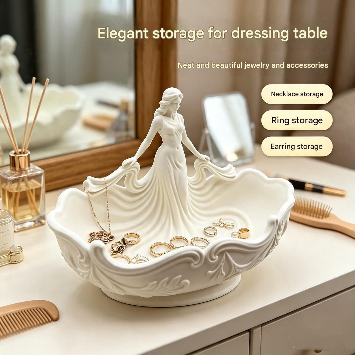 White 15*7.5*9.3cm Elegant Lady Dress Shaped Jewelry Tray - Creative Storage Organizer for Rings Necklaces Earrings, Decorative Vanity Tabletop Display Bowl for Bedroom Dresser Entryway Kemu |Fashion Home Kitchen Beauty