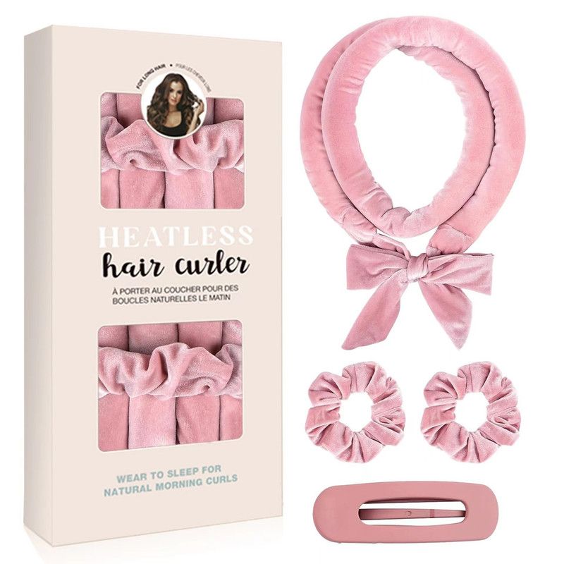 Velvet Heatless Hair Curlers Set, Overnight No-Heat Curling Ribbon with Scrunchies & Hair Clip—Pink Kemu |Fashion Home Kitchen Beauty