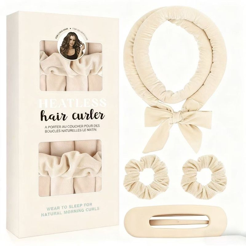 Velvet Heatless Hair Curlers Set, Overnight No-Heat Curling Ribbon with Scrunchies & Hair Clip - Beige Kemu |Fashion Home Kitchen Beauty