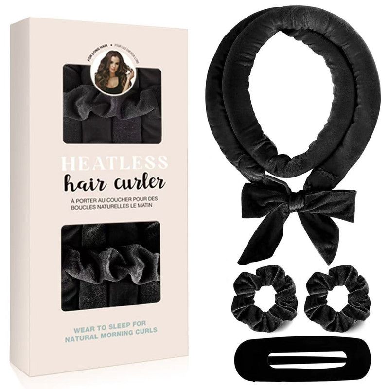 Velvet Heatless Hair Curlers Set, Overnight No-Heat Curling Ribbon with Scrunchies & Hair Clip—Black Kemu |Fashion Home Kitchen Beauty