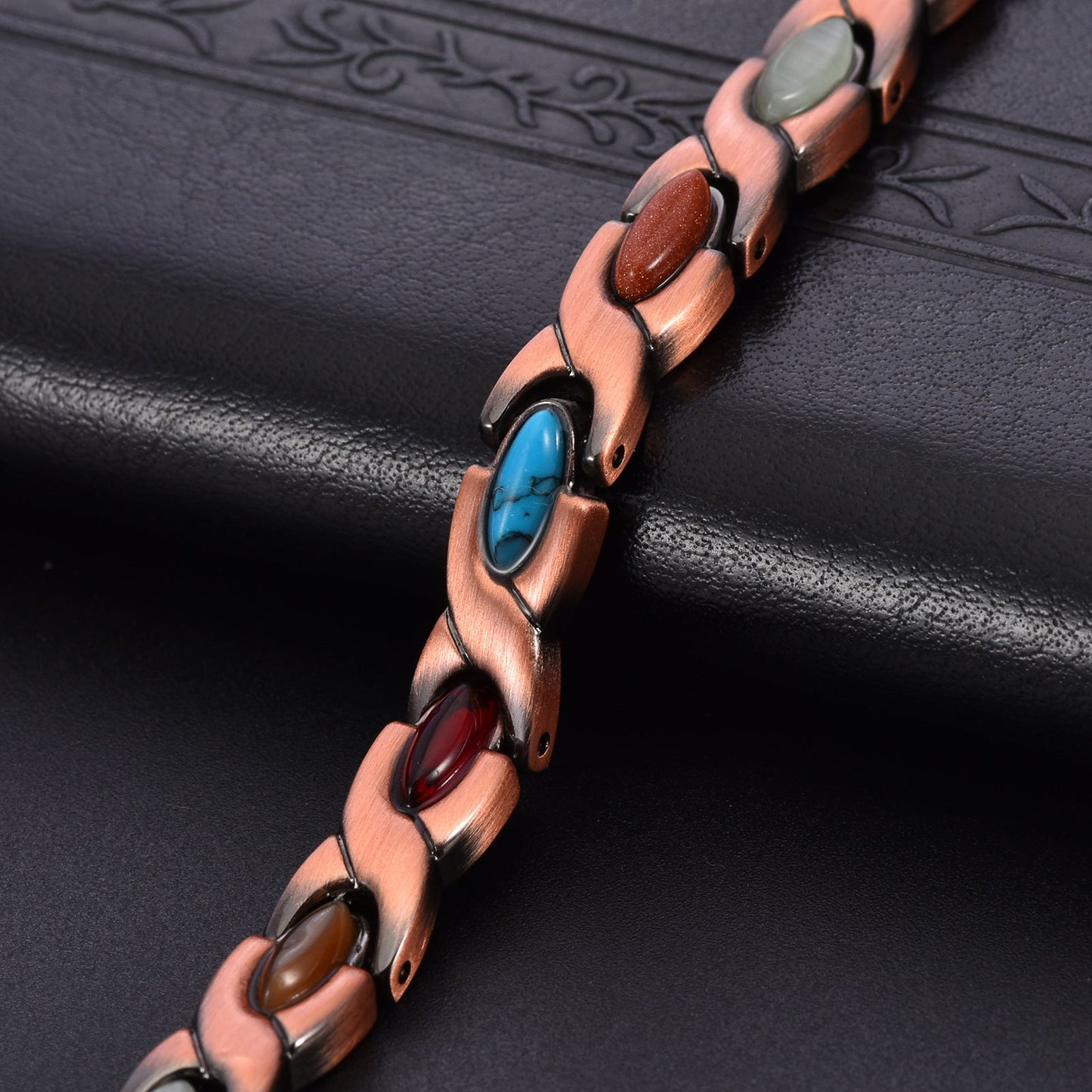 Vintage Copper Tone Magnetic Bracelet Unisex Fish Link Chain with Colourful Stones 19.5cm Bangle for Men and Women Jewellery Gift Kemu |Fashion Home Kitchen Beauty